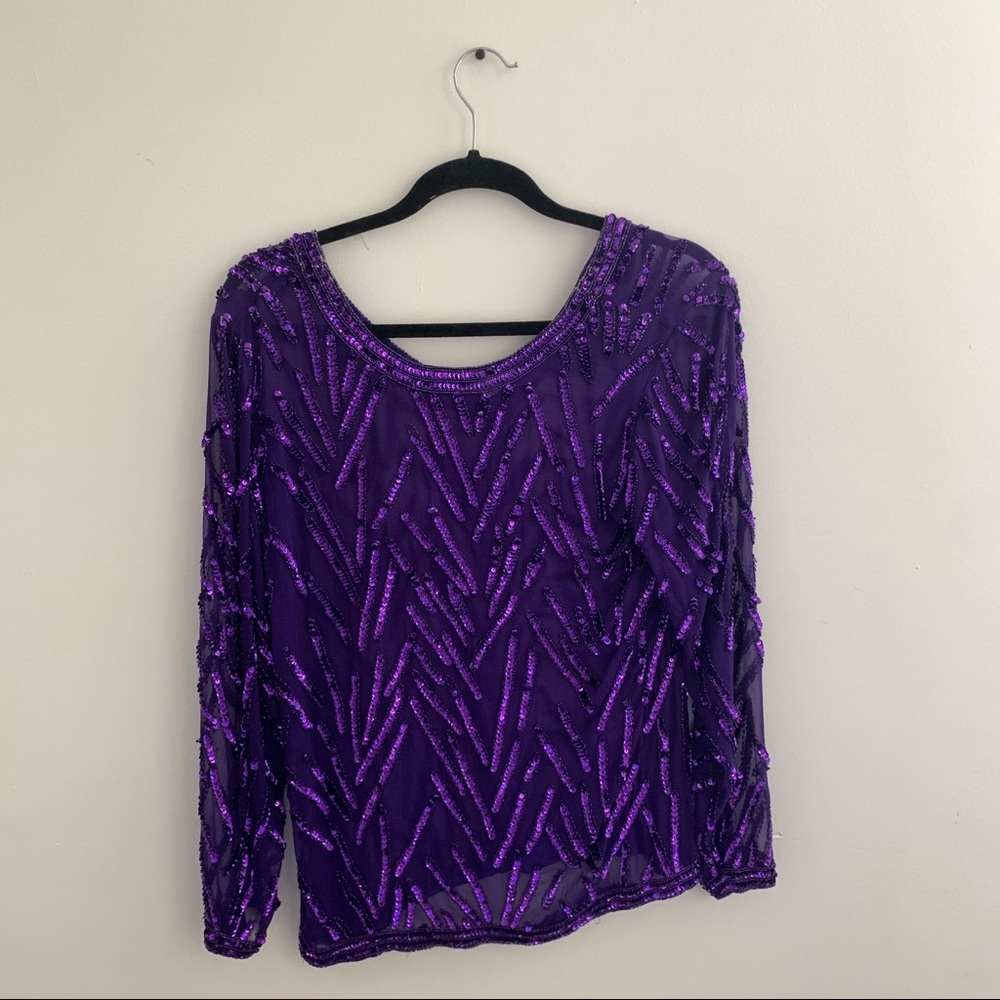 Vintage Sheer Sequin Beaded Purple Top